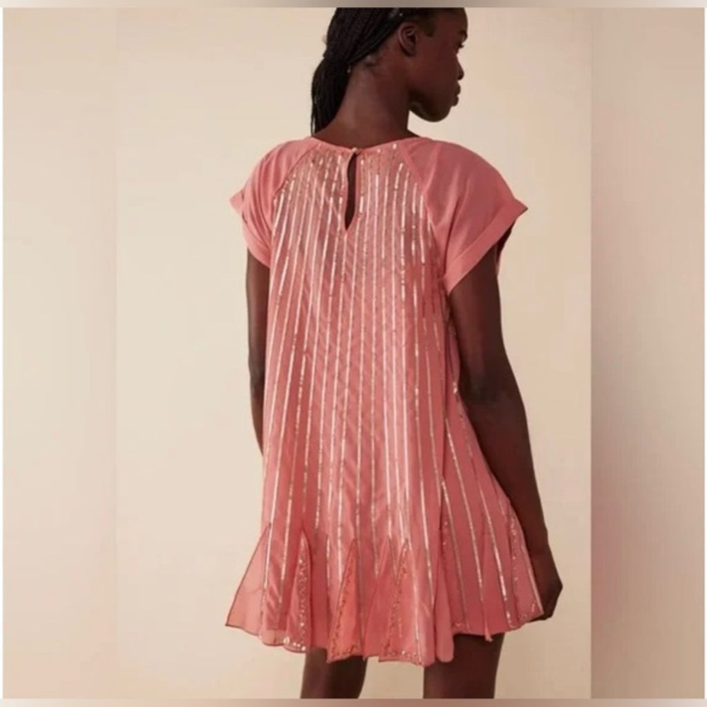 NWOT Free People Mint Julep Mini Dress $168 MEDIUM Coral SEQUINED A-line Ruffled