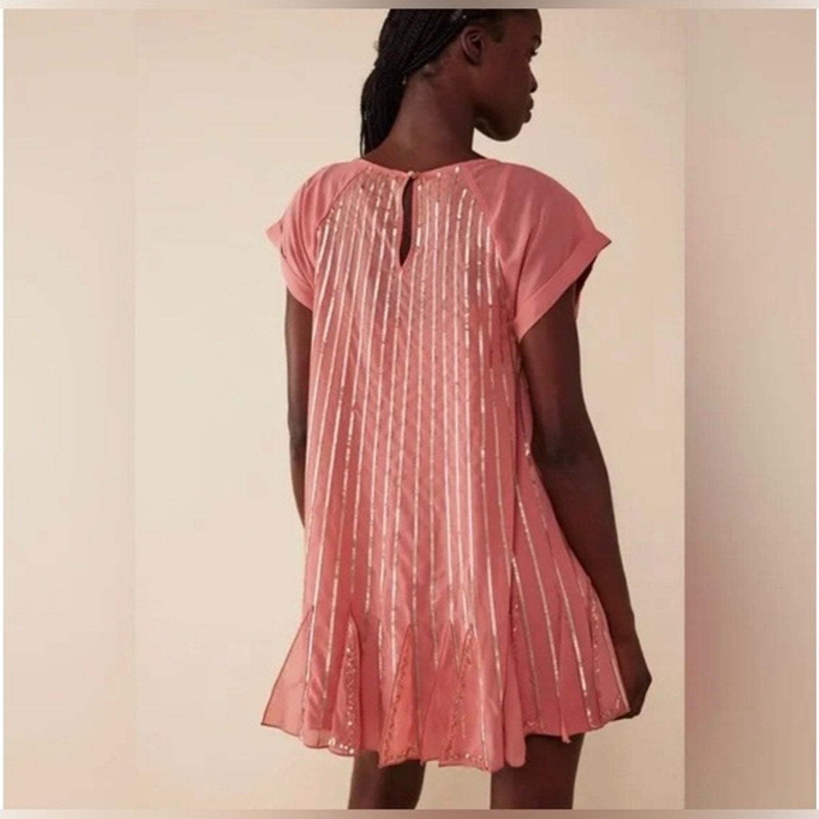NWOT Free People Mint Julep Mini Dress $168 MEDIUM Coral SEQUINED A-line Ruffled