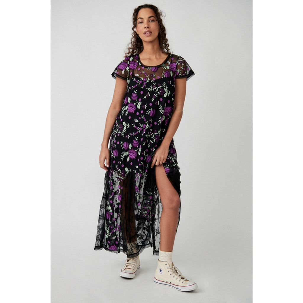 New Free People Sky Bright Floral Midi Dress $228 MEDIUM Black/Purple Sheer Mesh