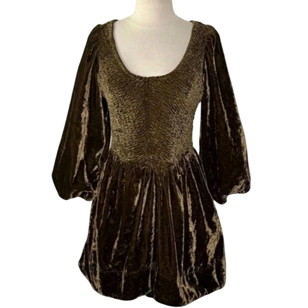 Free People Farrier Velvet Mini Dress X-SMALL Brown SMOCKED Free People
