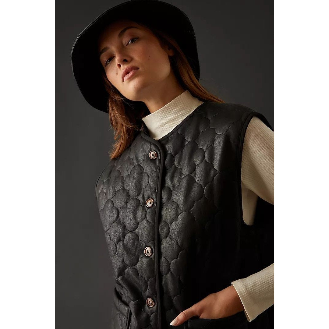 New Anthropologie FRNCH Paris Gisette Faux Leather Quilted Vest $150 OS Black