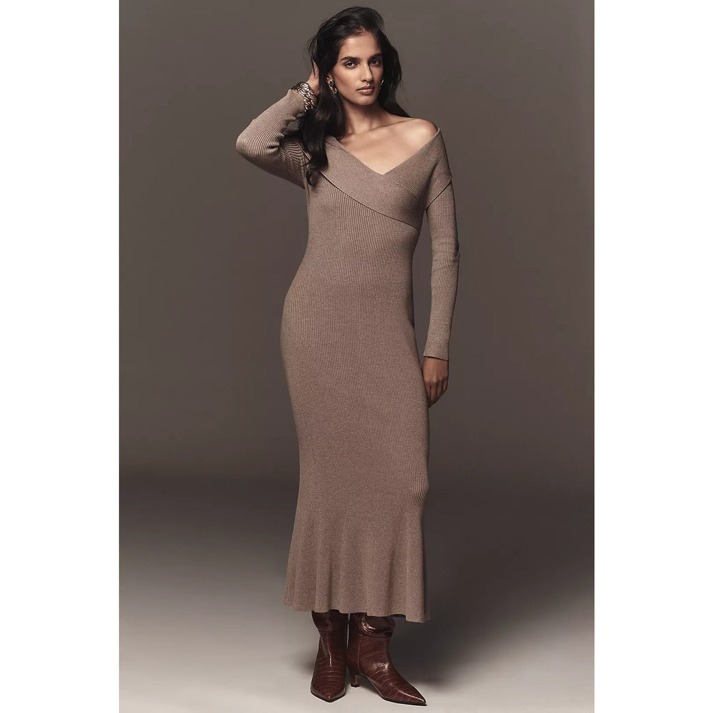Off-shoulder slim sweater dress, long sleeves, gray knit with straight neckline