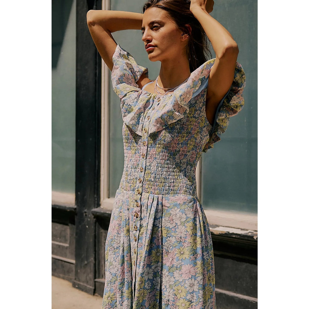 FREE PEOPLE Lewis Maxi Dress SMALL Blue Pastel Combo SMOCKED Free People