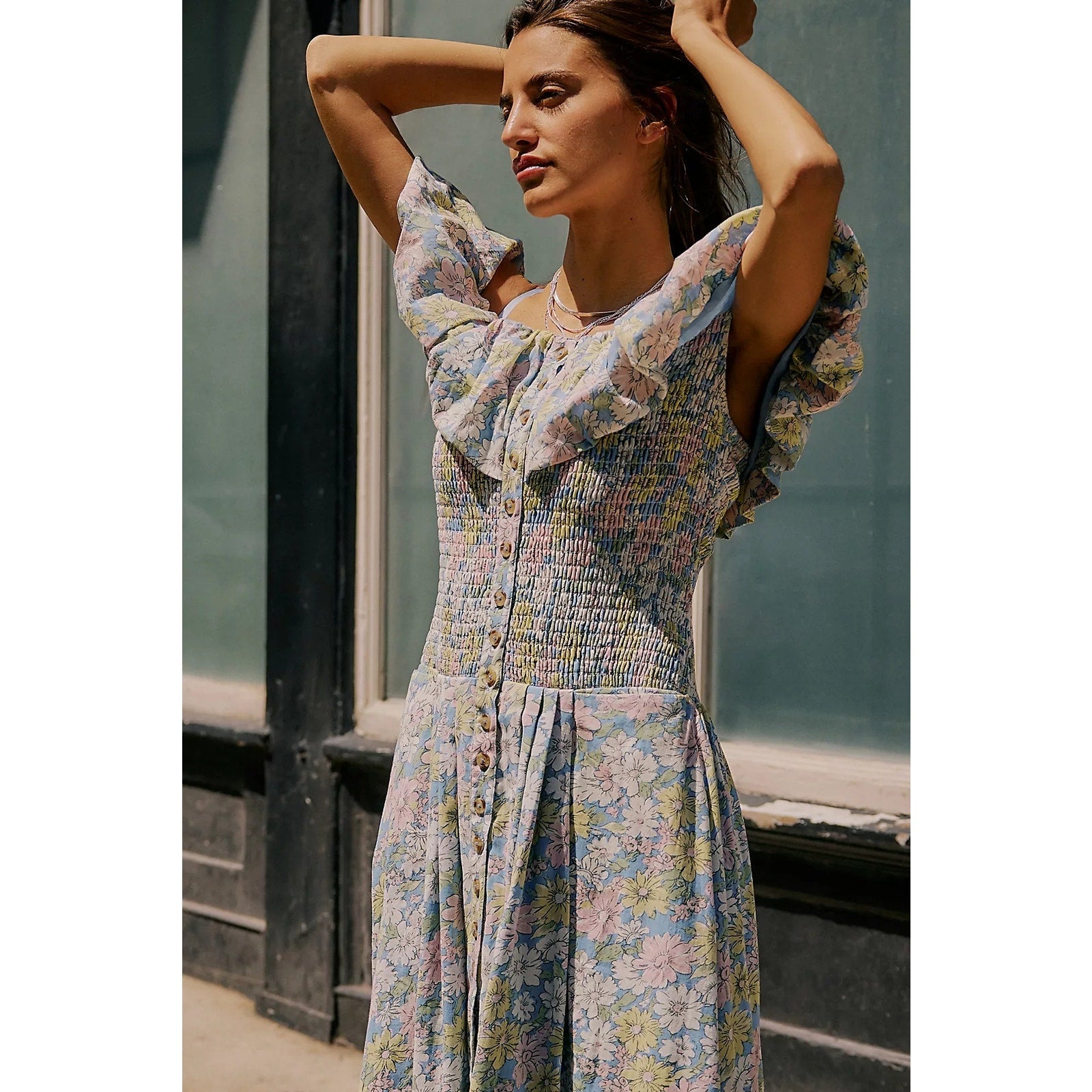 FREE PEOPLE Lewis Maxi Dress SMALL Blue Pastel Combo SMOCKED Free People