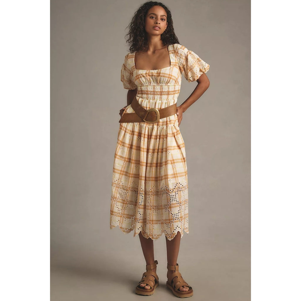 New By Anthropologie Puff-Sleeve Eyelet Midi Dress $188 X-SMALL Yellow