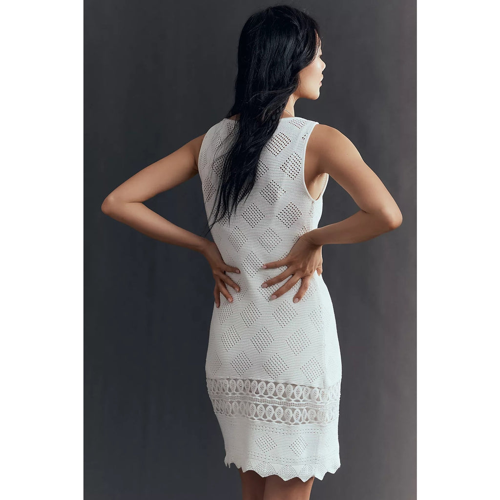 Anthropologie Sleeveless Crochet Boat-Neck Mini Shift Dress LARGE White Anthropologie