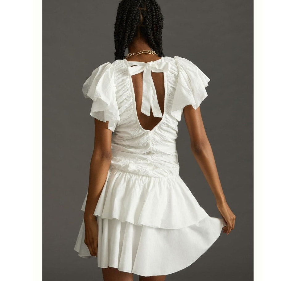 Anthropologie Love The Label Ruffled Mini Dress DEEP-V  $248 MEDIUM White