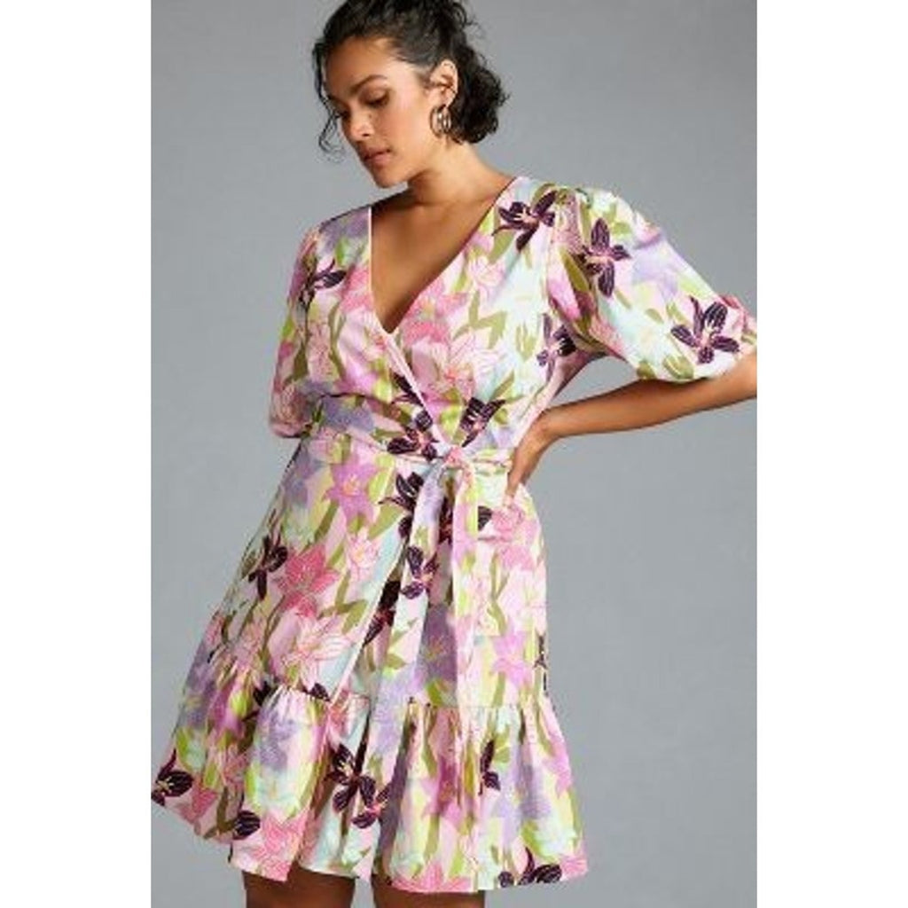 Anthropologie Hutch Puff-Sleeve Wrap Dress $178 X-SMALL PETITE Pink Floral