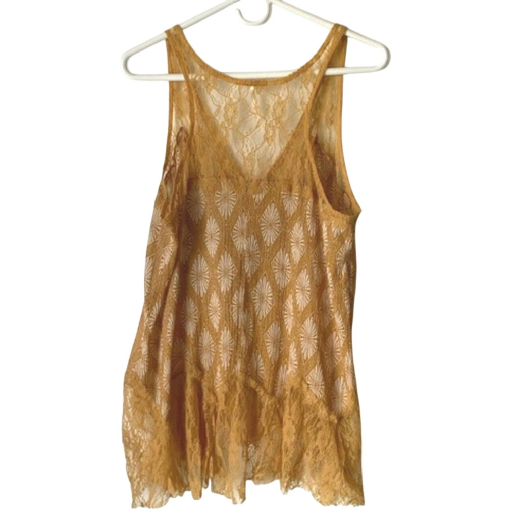 Free People Bell Trapeze Lace Cami MEDIUM Mustard Yellow Geo Bohemian Free People