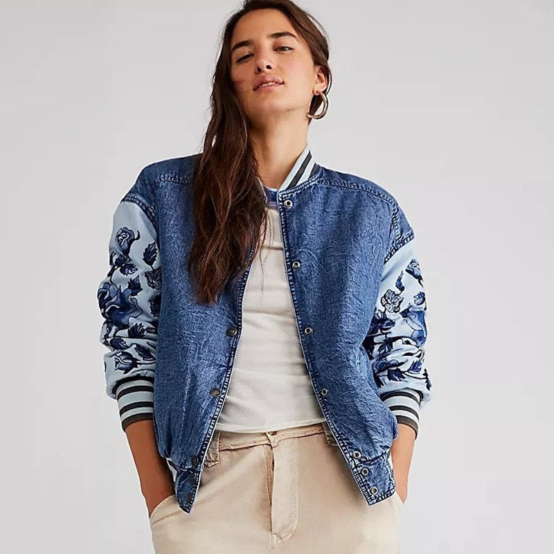 New Free People WTF Team Spirit Jacket $298 SMALL Stone Blue Floral Embroidery