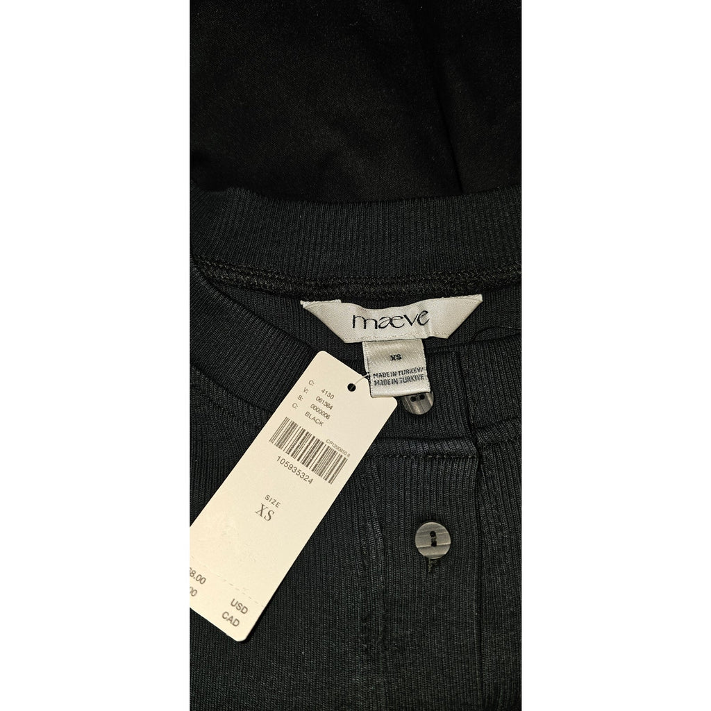 Black knit dress with 'Maeve' size XS label and button-front placket detail