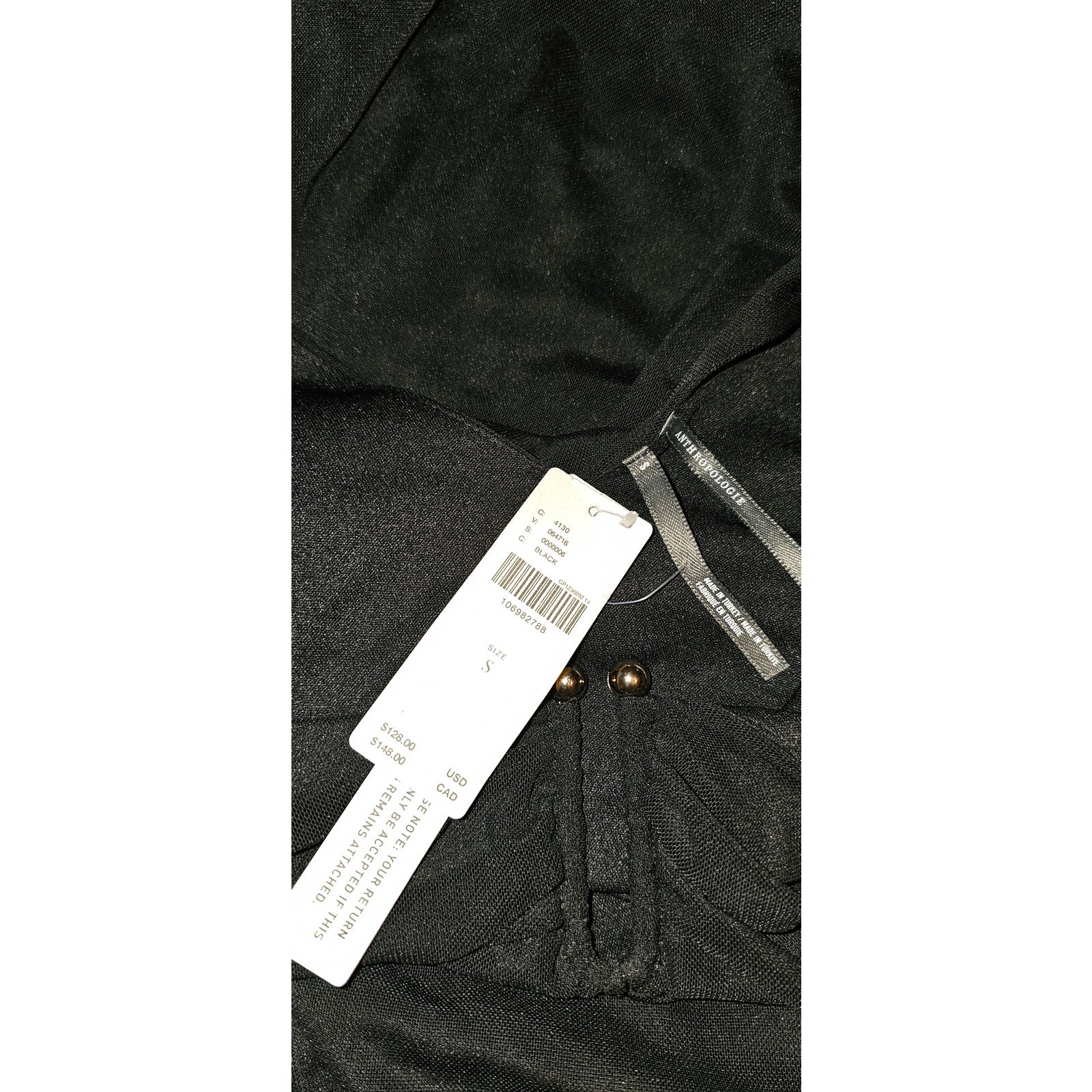 By Anthropologie Long-Sleeve Deep-V Hardware Midi Dress SMALL Black Anthropologie
