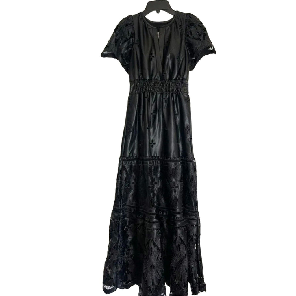 Anthropologie The Somerset Maxi Dress: Faux Leather Embroidered BLACK XXS 00