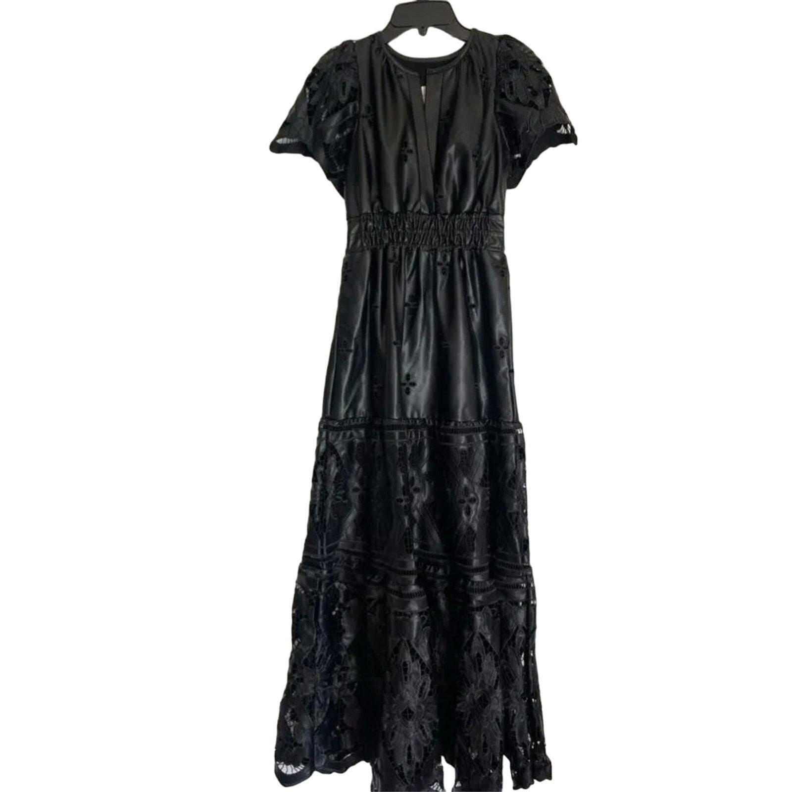 Anthropologie The Somerset Maxi Dress: Faux Leather Embroidered BLACK XXS 00