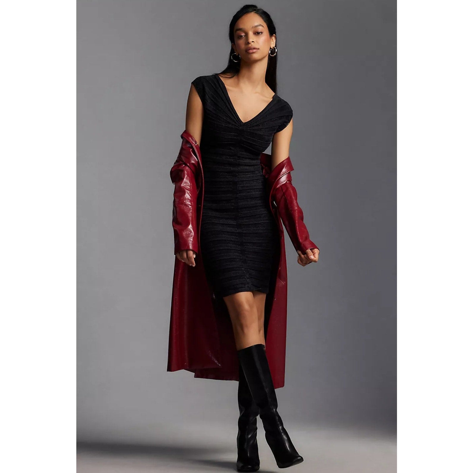 New By Anthropologie V-Neck Chenille Midi Dress $248 X-SMALL Black
