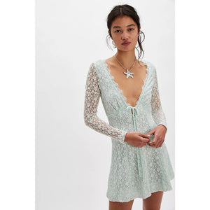 New Free People Petra Lace Mini Dress $168 MEDIUM Mint Green BILLOWING SAIL