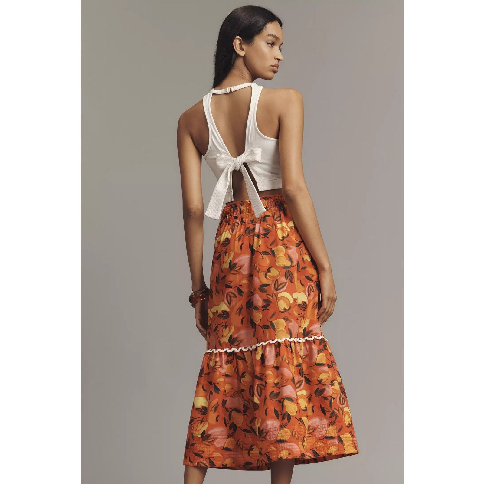 New Anthropologie Farm Rio Tiered Flare-Hem Midi Skirt $178 Medium Red Fruit