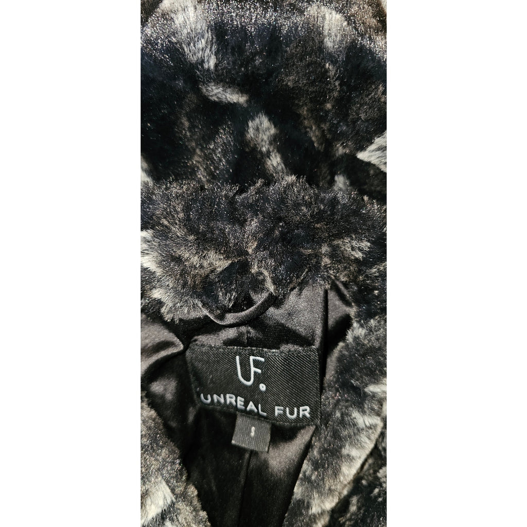 New Anthropologie Unreal Fur Faux Fur Coat SMALL Black & Gray COLLARLESS