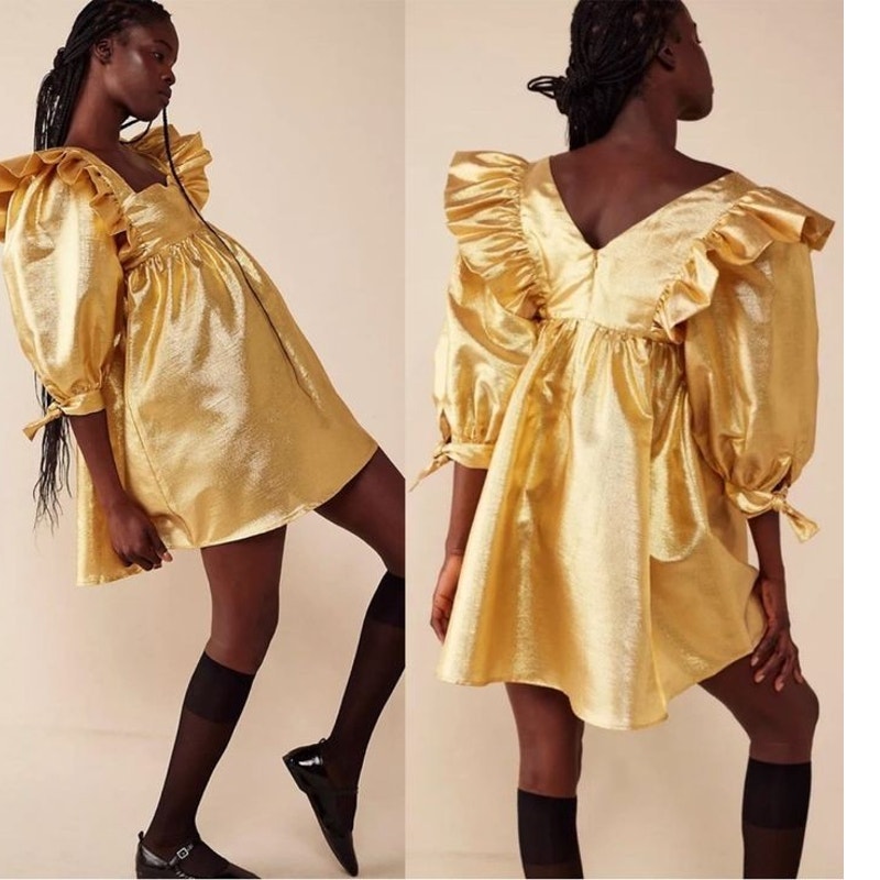 New FREE PEOPLE Selva Negra Atomo Babydoll Dress $400 X-SMALL Gold Metallic