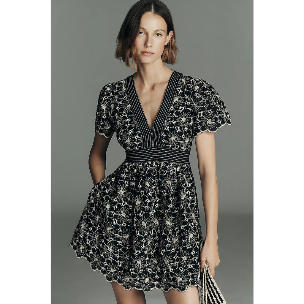 Anthropologie Maeve Cotton Lace V-Neck Mini Dress MP MEDIUM PETITE B&W Anthropologie