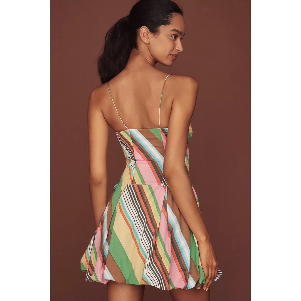 Striped fitted balloon mini dress back view, thin spaghetti straps, green multicolor