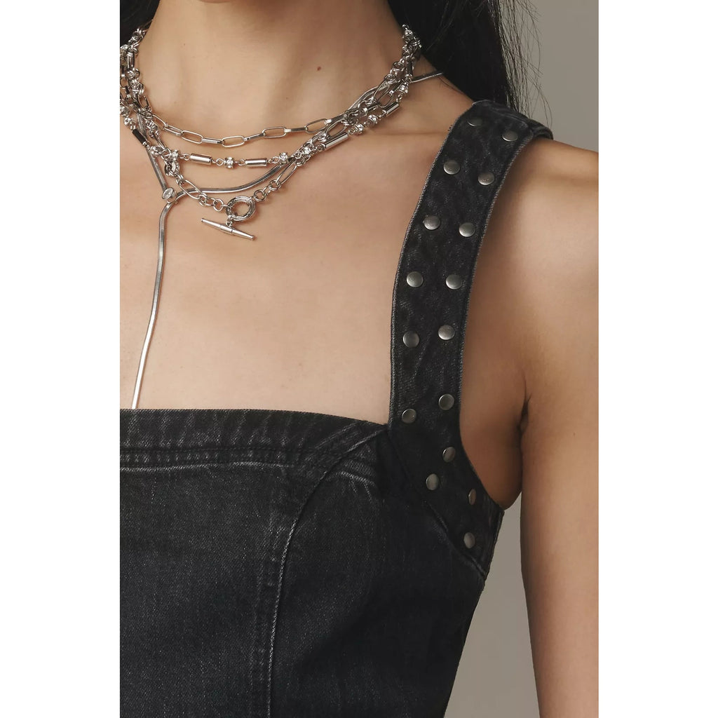 Anthropologie Pilcro Studded Square-Neck Denim Mini Dress