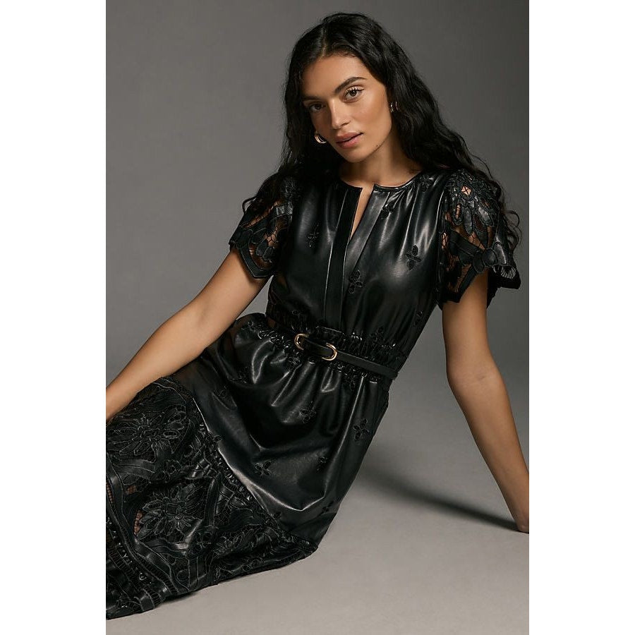 Anthropologie The Somerset Maxi Dress: Faux Leather Embroidered BLACK XXS 00