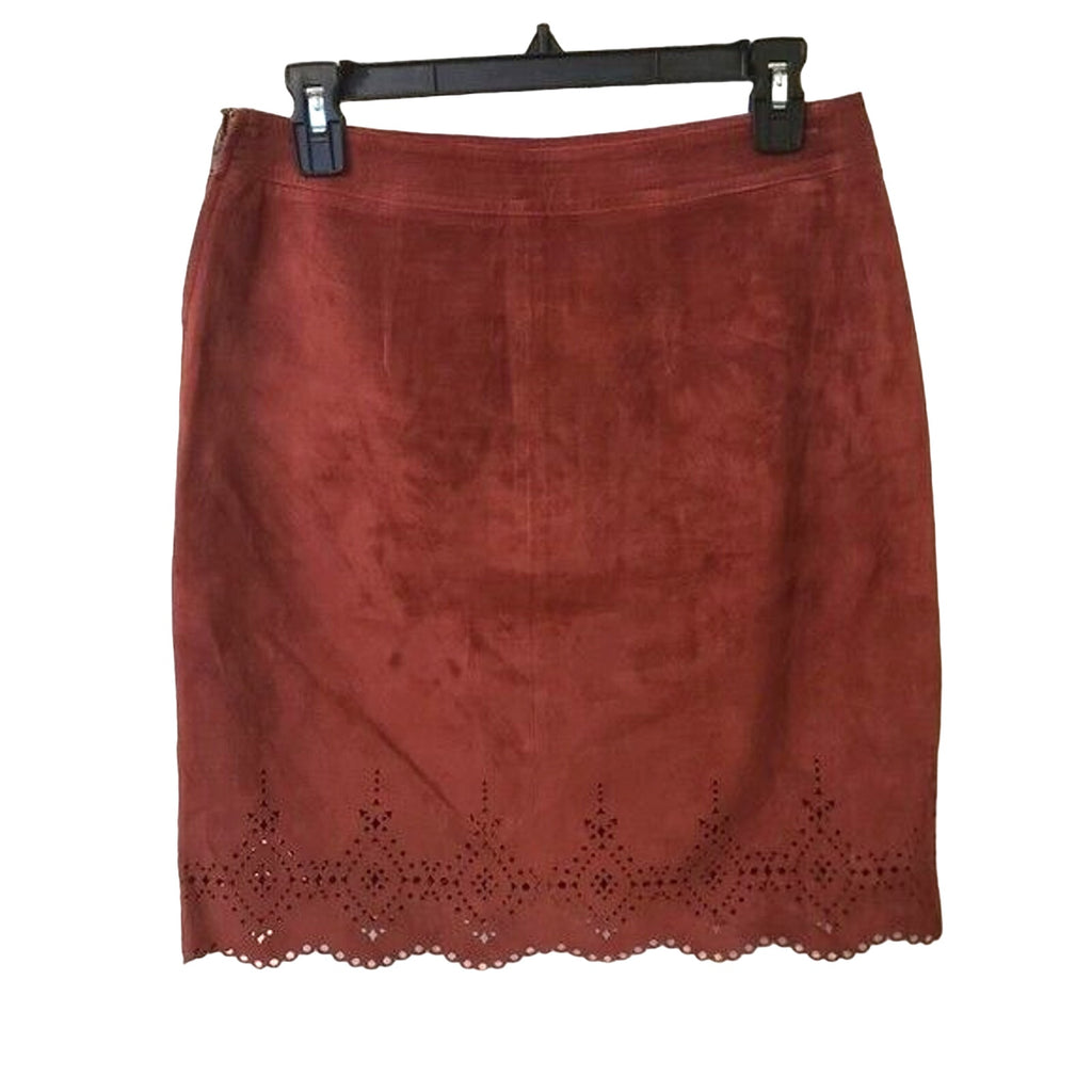 New Anthropologie Napa Laser Cut Leather Skirt by Maeve $198 Red/Bronze Size 6