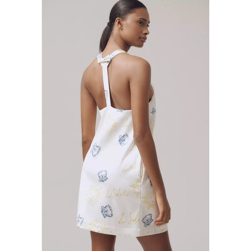 Ivory sleeveless square-neck mini shift dress, open back with tie detail and prints