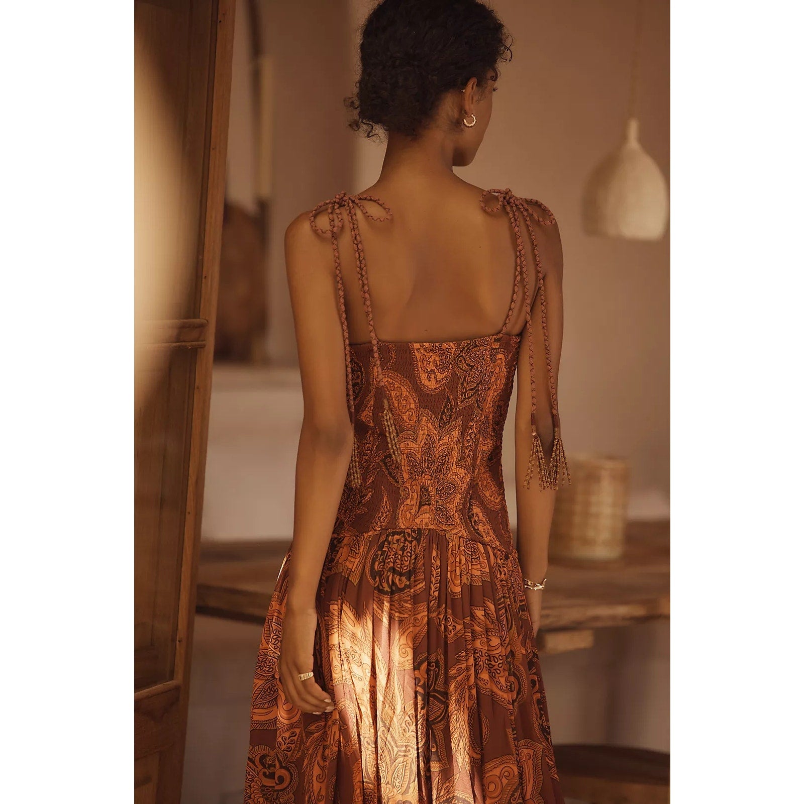 Farm Rio x Anthropologie Drop-Waist Printed Midi Dress MEDIUM Brown FARM Rio
