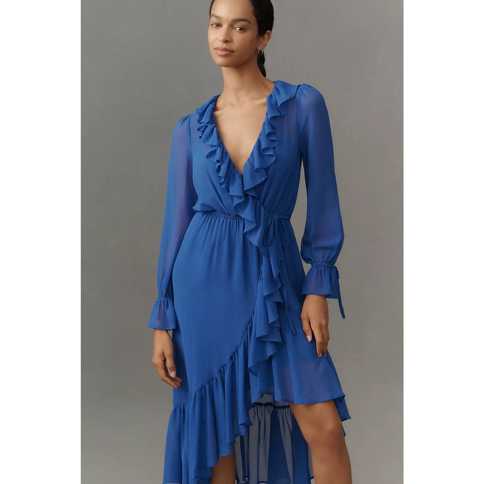 Anthropologie Long-Sleeve Ruffled Asymmetric Midi Dress SMALL Blue Anthropologie