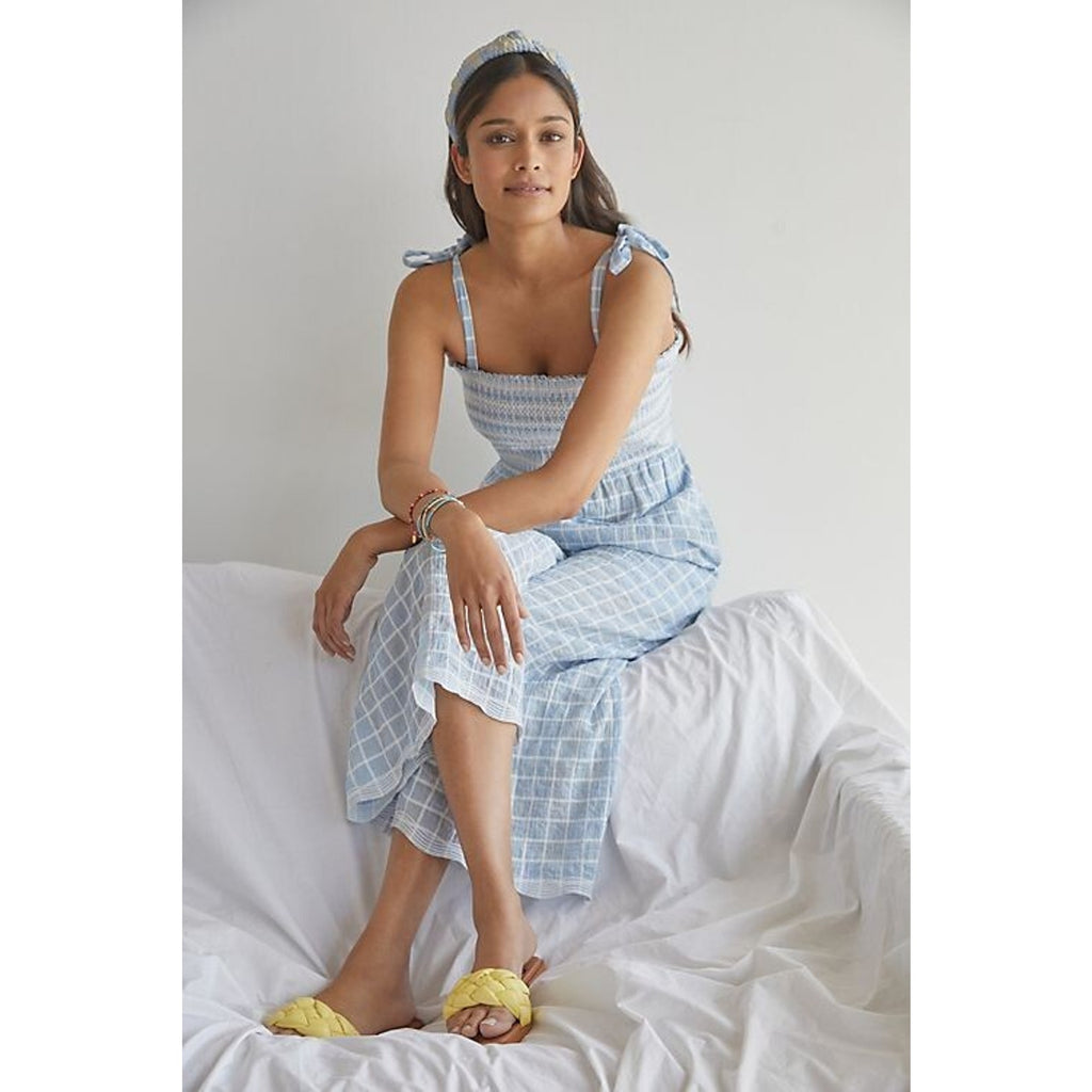 New Anthropologie by Plenty Plaid Scalloped Smocked Wide-Leg Jumpsuit Size LP
