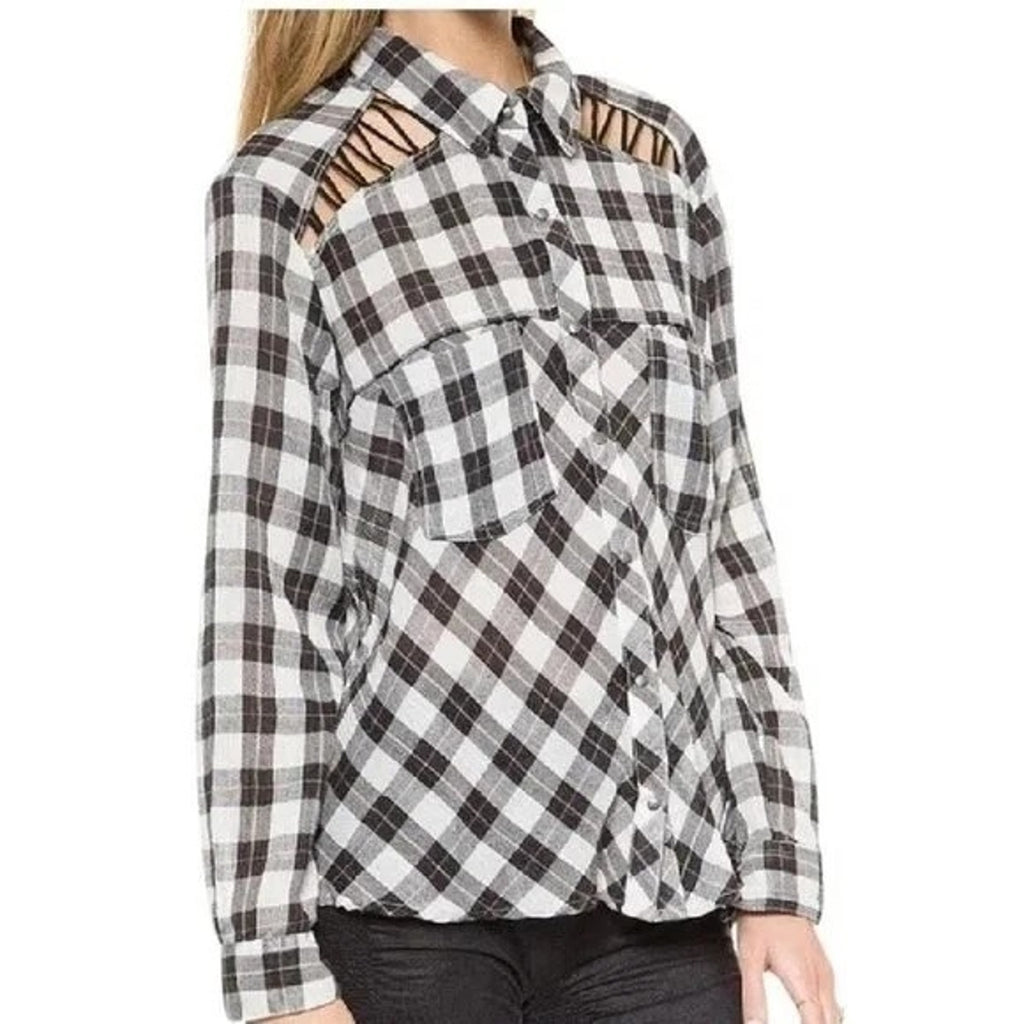 New Free People Plaid Lace Up Shoulder Snap Long Sleeve Top in B&W $108 Small