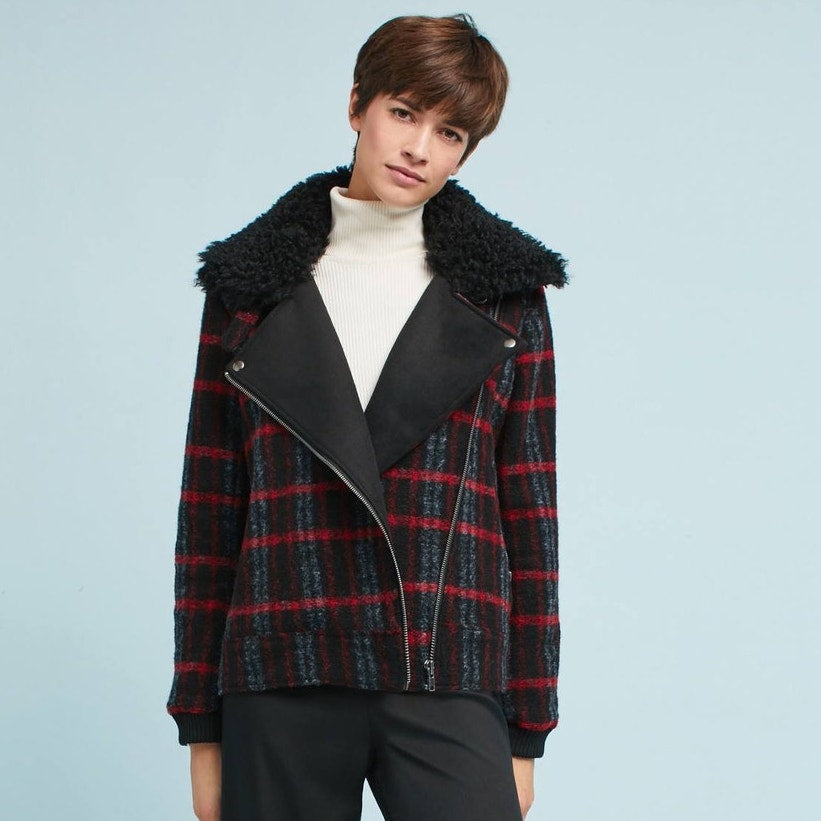 New Anthropologie Plaid Shearling Moto Jacket by Greylin $225 SMALL