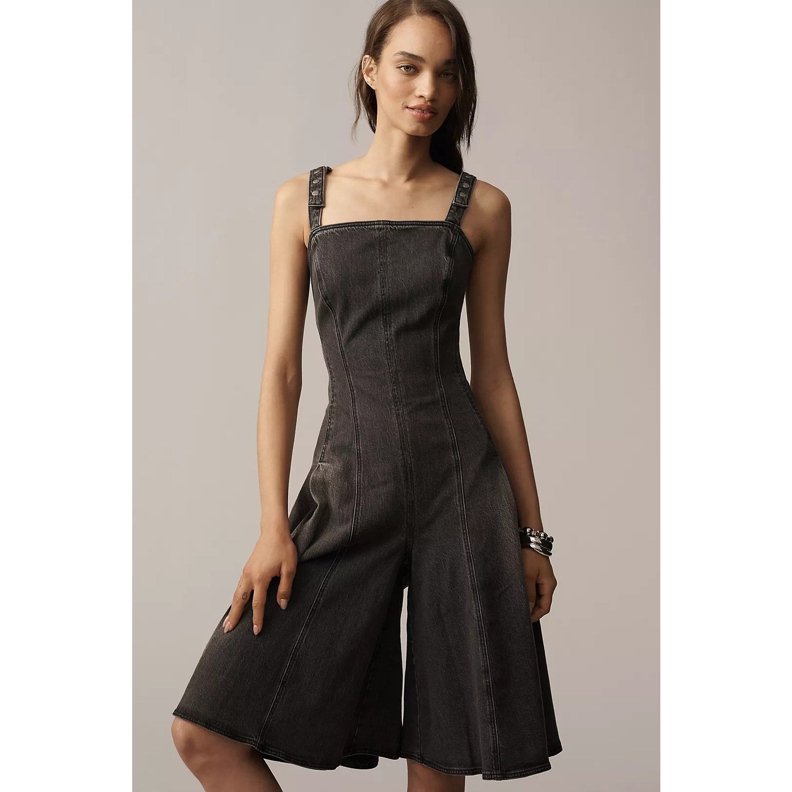 ANTHROPOLOGIE Pilcro Denim Midi Jumpsuit LARGE Dark Gray Anthropologie