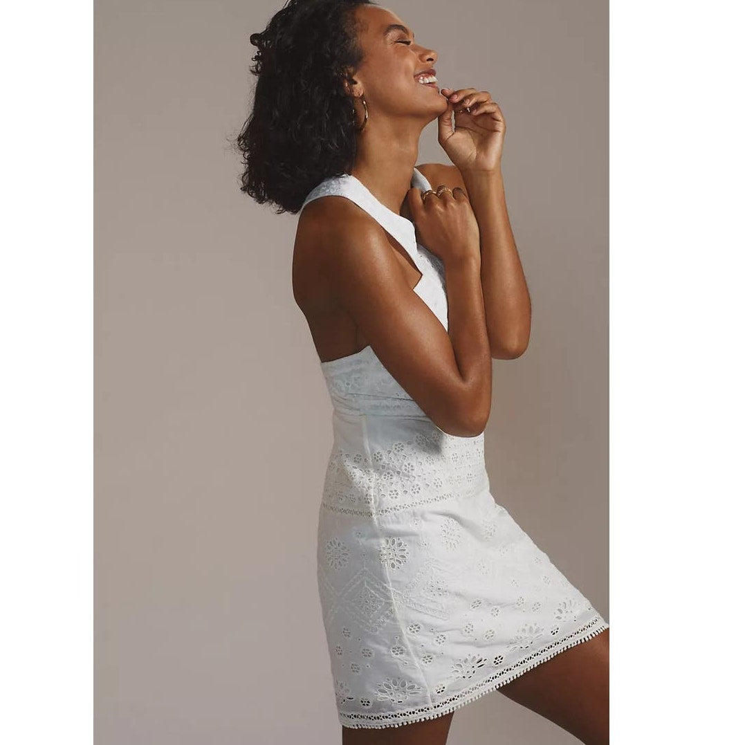 New Anthropologie Maeve Eyelet Halter Mini Dress $270 SIZE 2 White Cotton