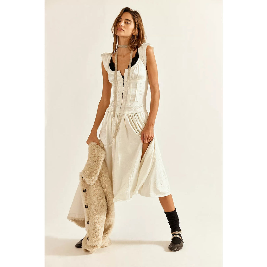 Free People Loveday Midi Dress MEDIUM Ivory Bohemian Drop Waist Free People