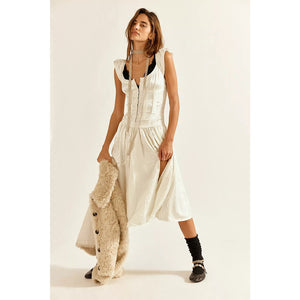 Free People Loveday Midi Dress MEDIUM Ivory Bohemian Drop Waist