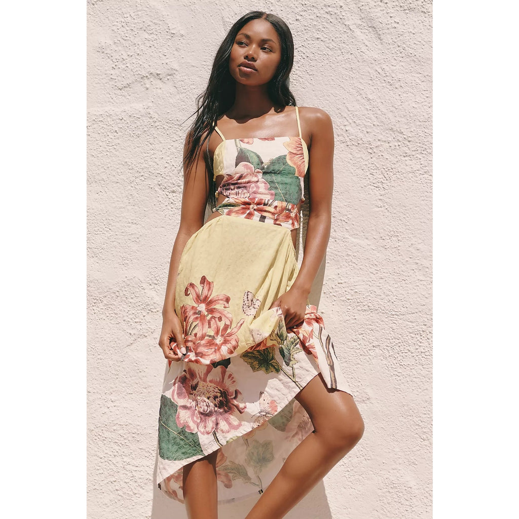 Anthropologie Celandine Beaded Midi Dress MEDIUM Yellow Floral CUTOUTS Anthropologie
