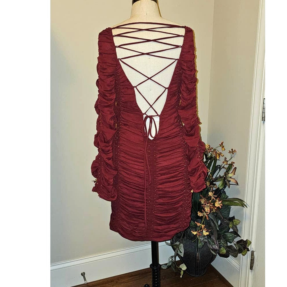New FREE PEOPLE Western Romance Long Sleeve Mini Dress  $448 X-SMALL Red