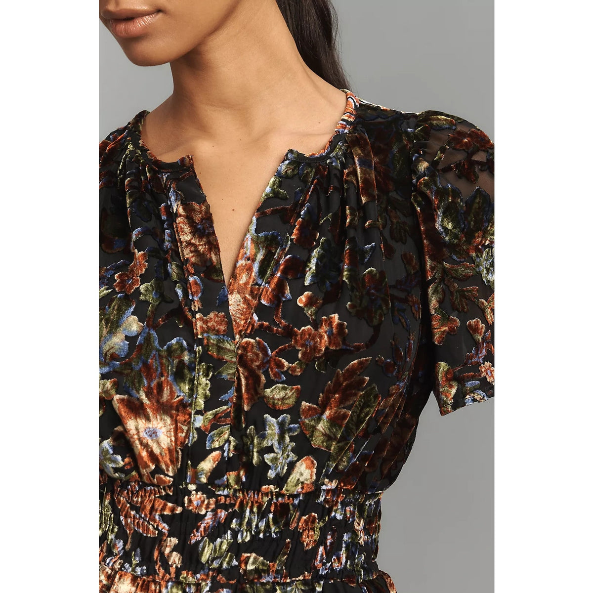 Black floral burnout velvet mini dress, V-neck bodice with gathered waist