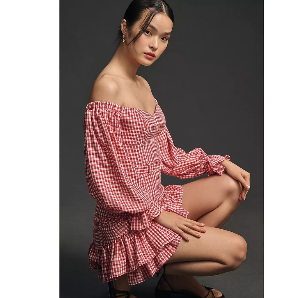 Anthropologie Maeve Off-The-Shoulder Ruffled Mini Dress $178 8P Red Petite