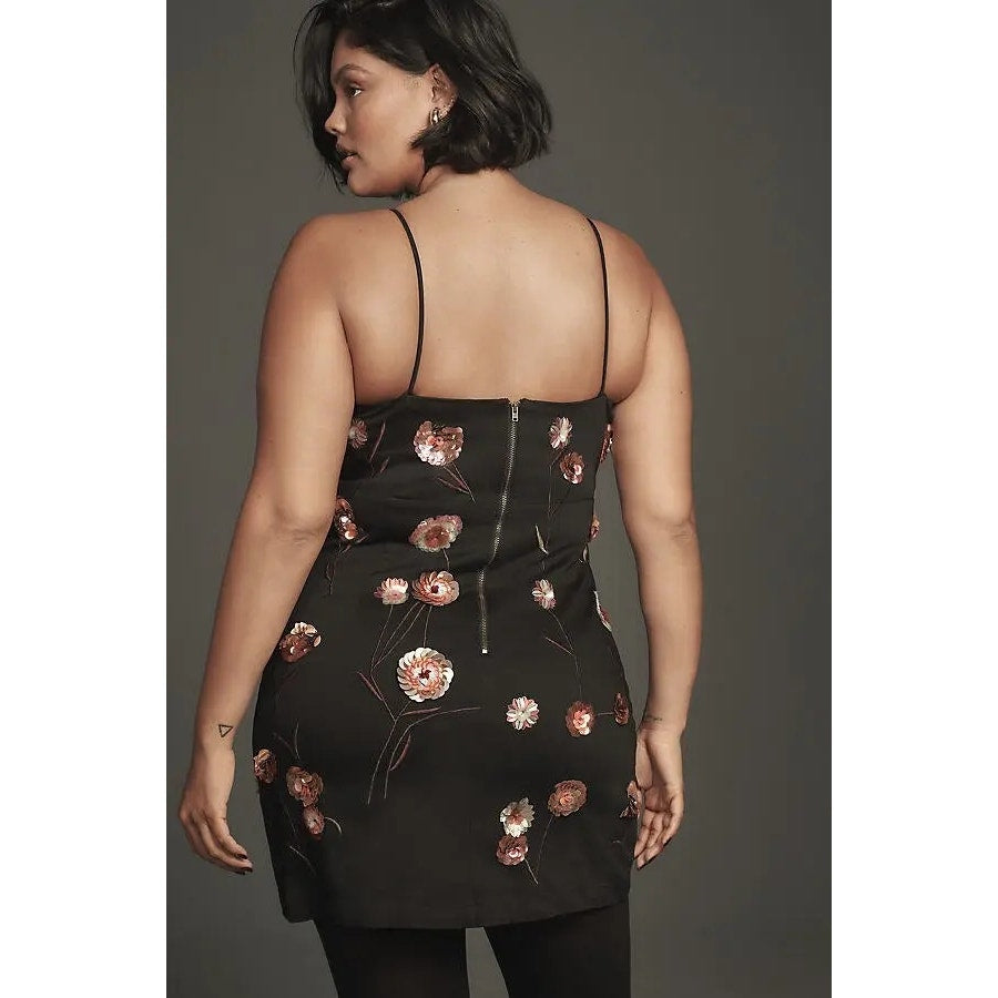 Anthropologie Brynne 3D Spaghetti-Strap Dress by Maeve SIZE 14 Black Anthropologie