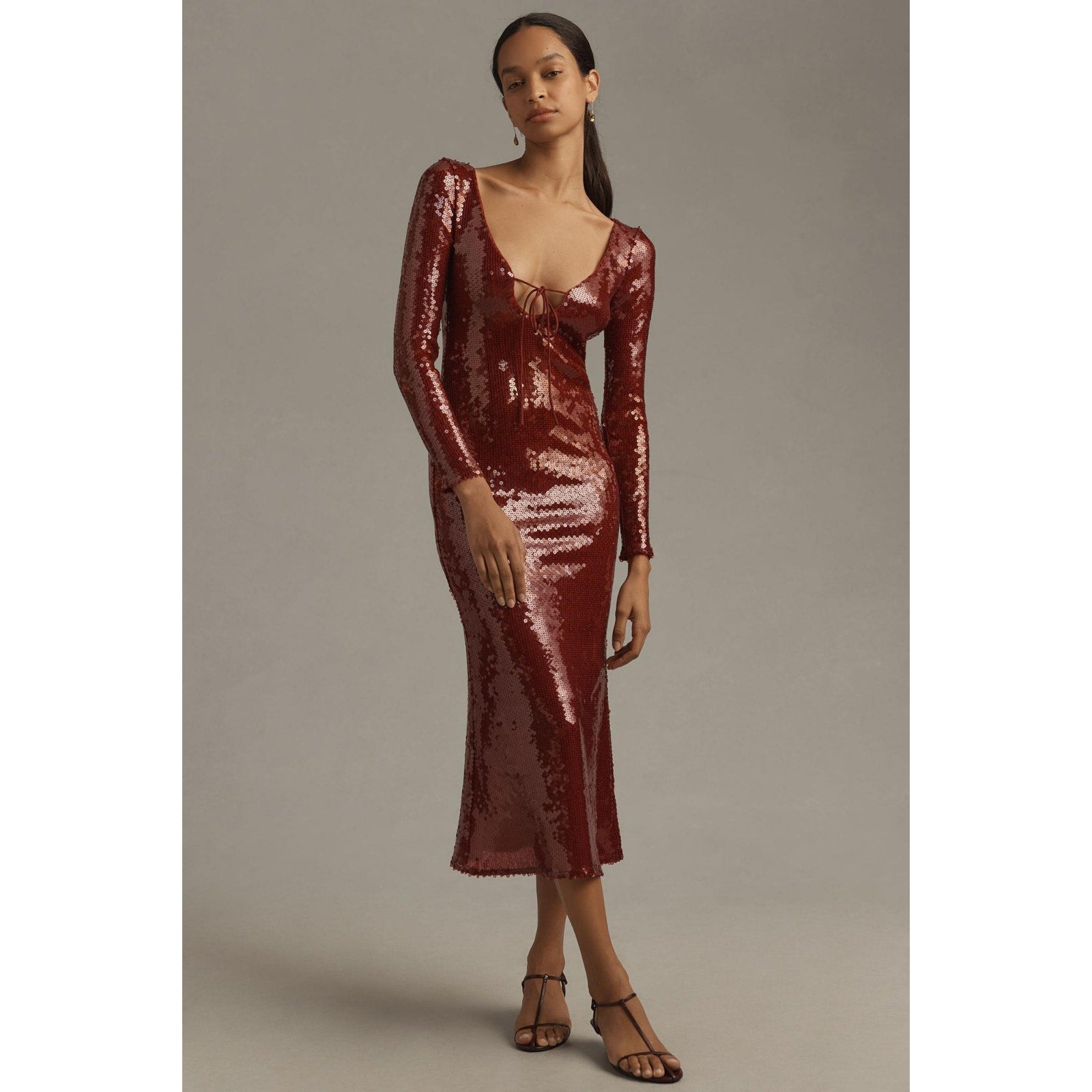 New ANTHROPOLOGIE Bardot Verona Long-Sleeve Sequin Slim Midi Dress SIZE 10 WINE