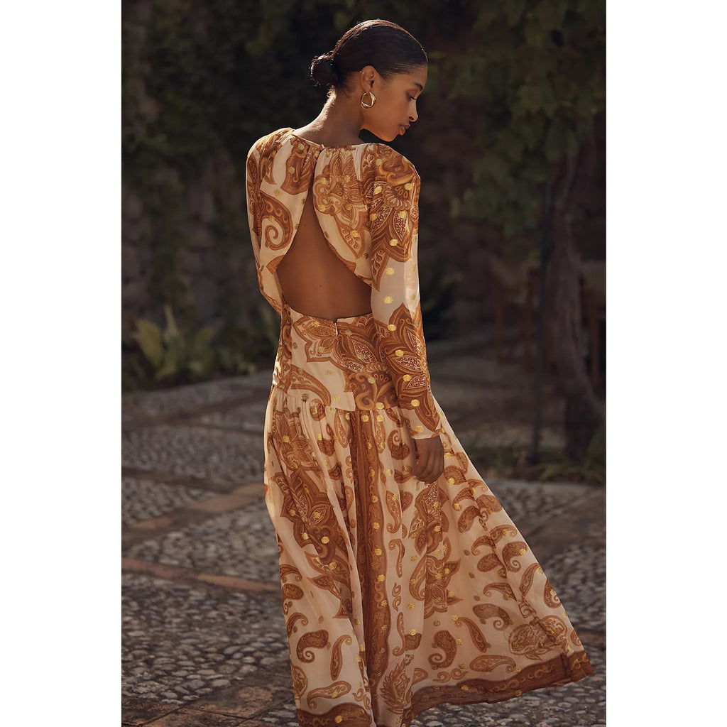 New Farm Rio x Anthropologie Long-Sleeve Jacquard Maxi Dress $298 LARGE Gold Anthropologie