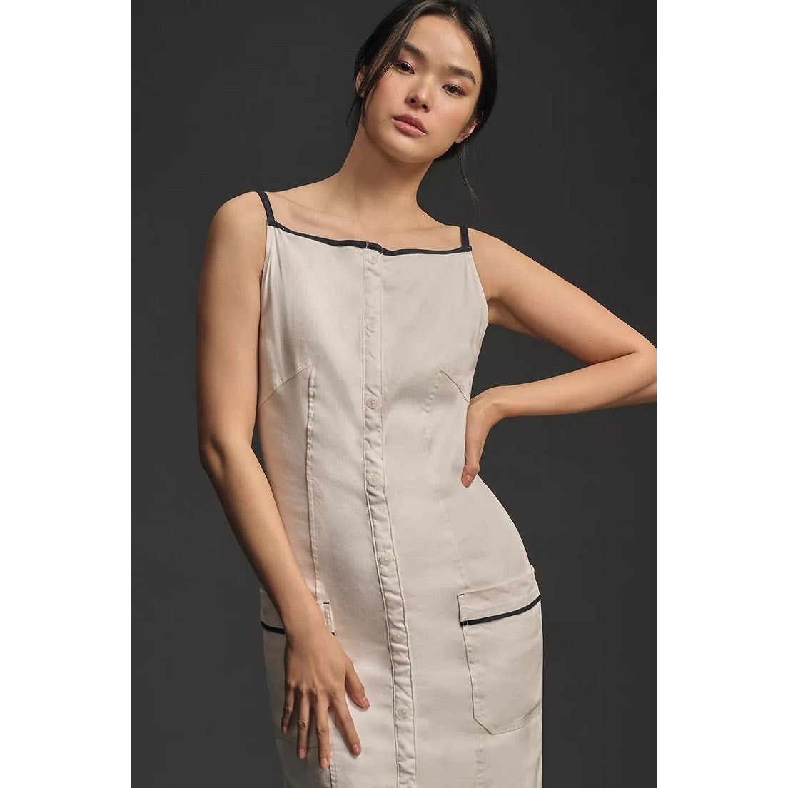 Anthropologie The Colette Button Midi Dress $168 X-SMALL Ivory Patch Pockets