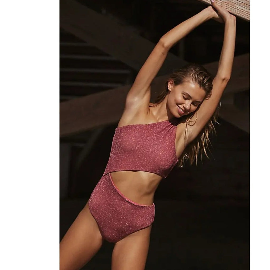 Free People x Beach Riot Celine Shine One-Piece X-SMALL Glitter Red Free People