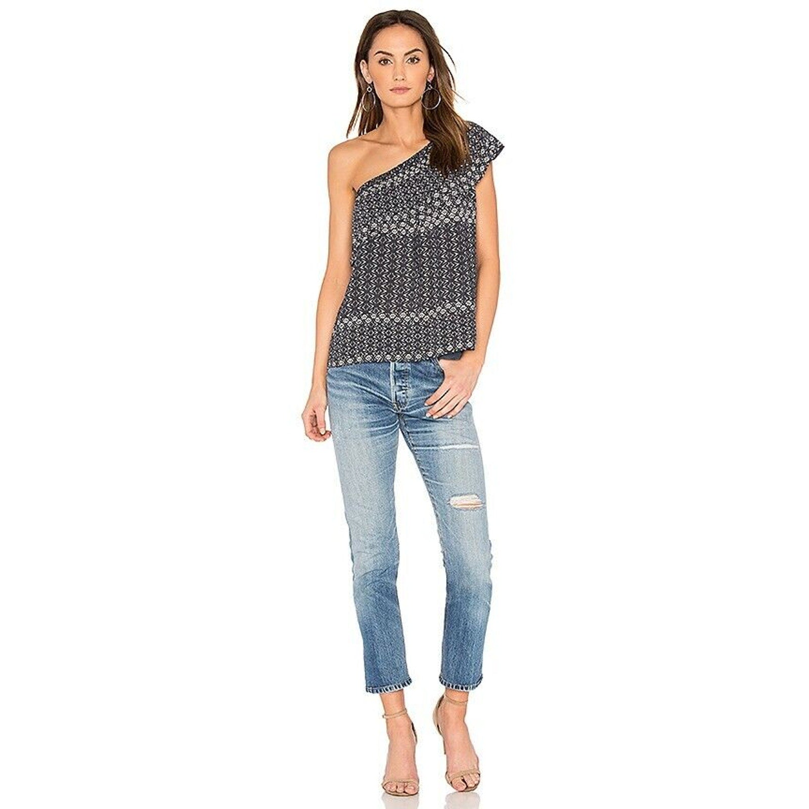 New Anthropologie Velvet by Graham & Spencer Florine One-Shoulder Top $108 Blue