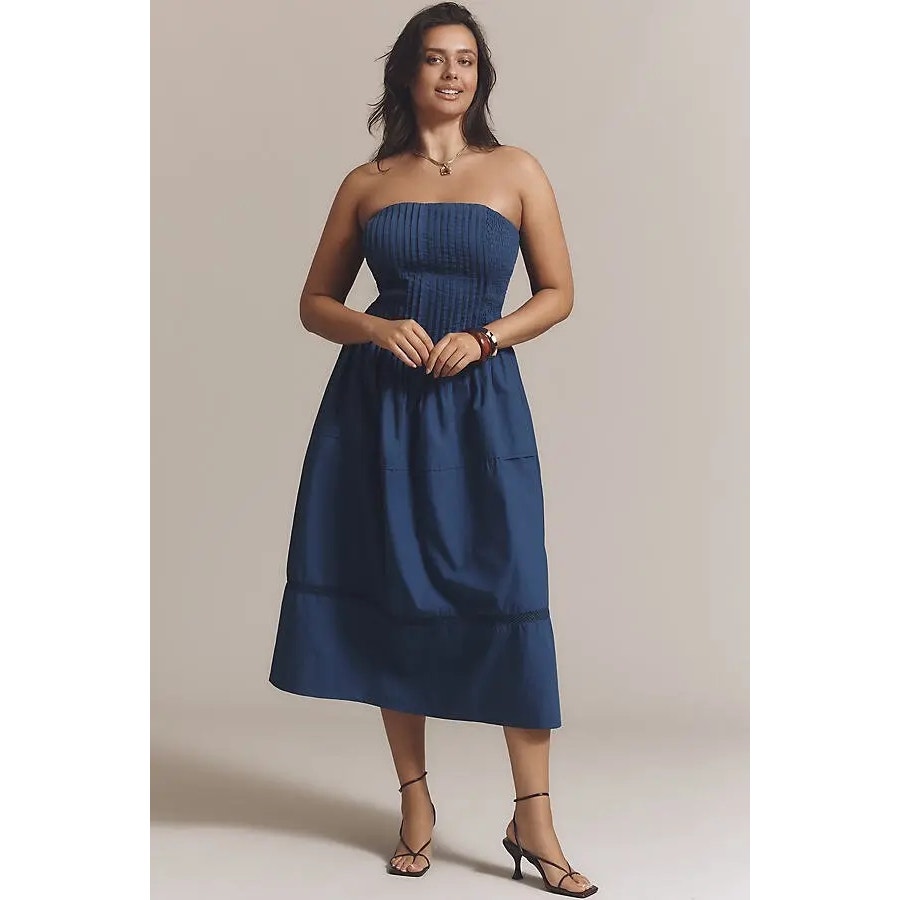 New Anthropologie Cotton Poplin Strapless Midi Dress $168 X-LARGE Navy Smocked