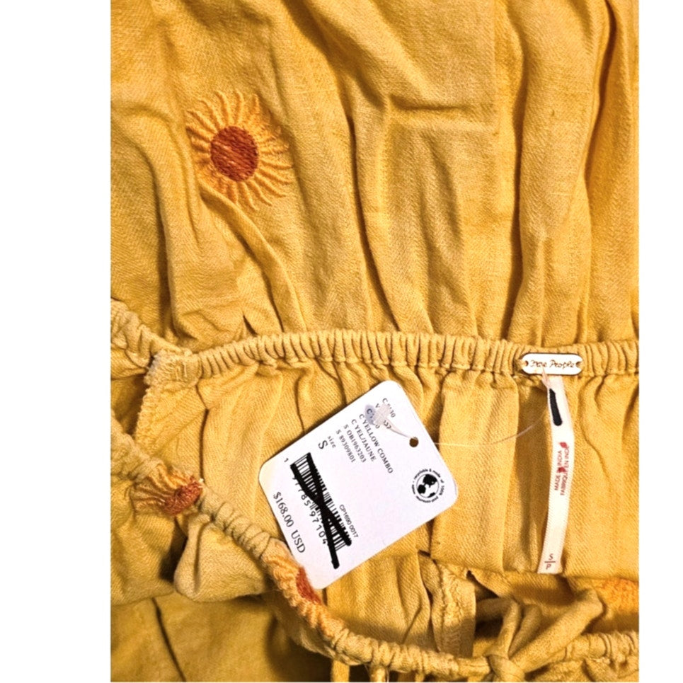 Free People Emory Embroidered Midi Dress $168 SMALL Yellow